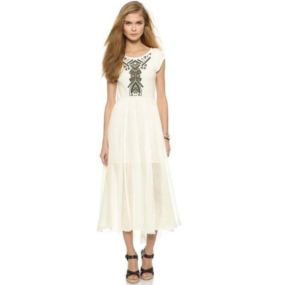 Free‎ People White Embroidered Open Back Midi Dress Boho Cotton Cap Sleeve